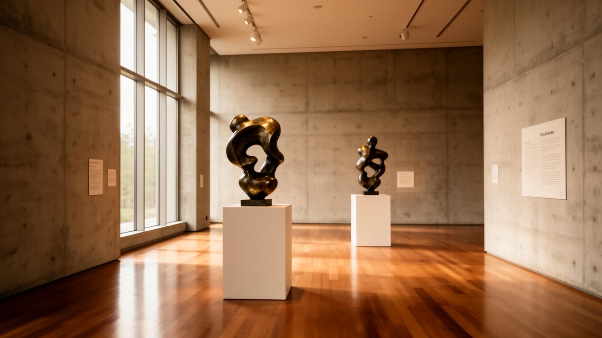Sunlit gallery with bronze sculptures