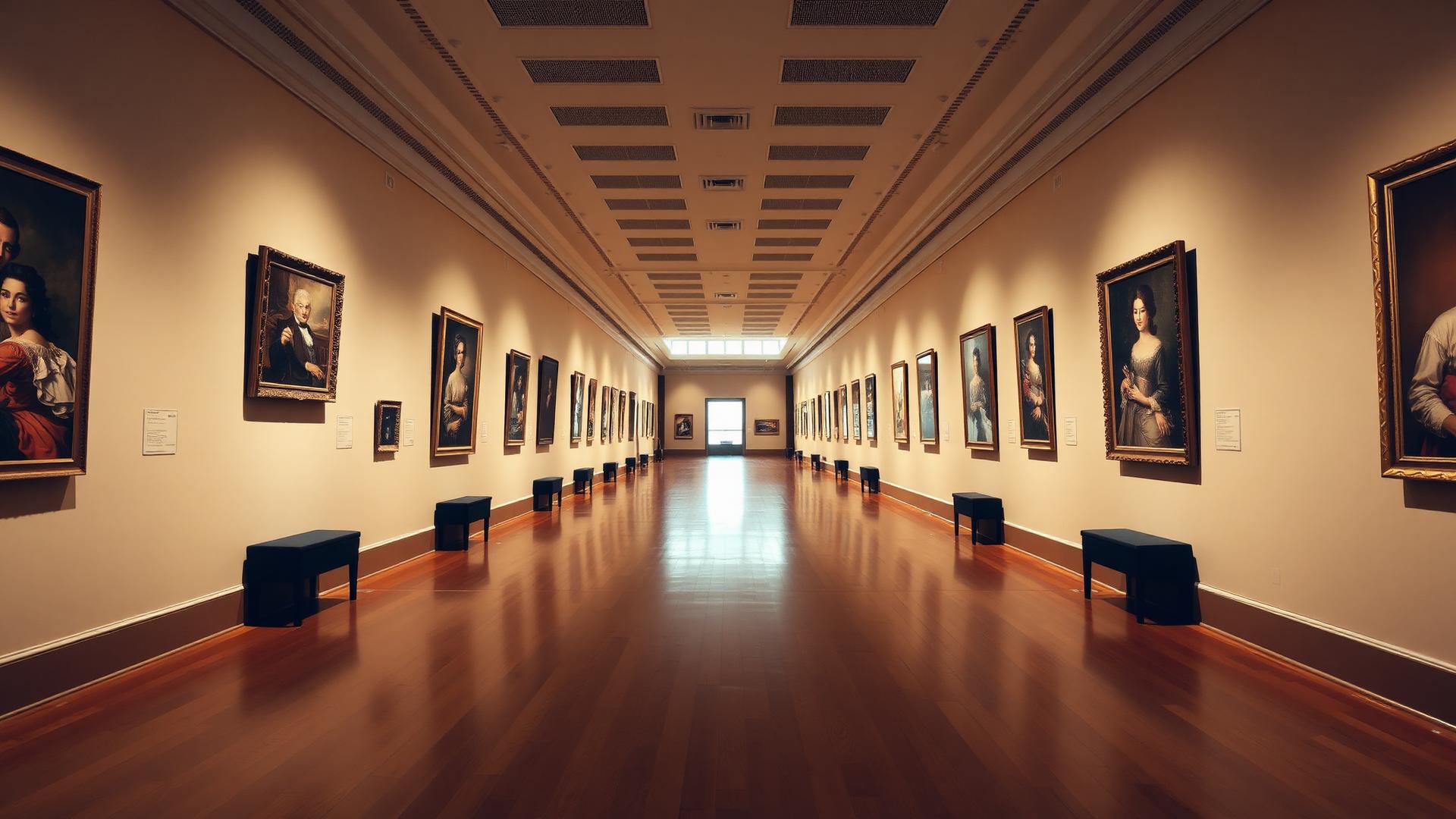 Corridor of framed portraits