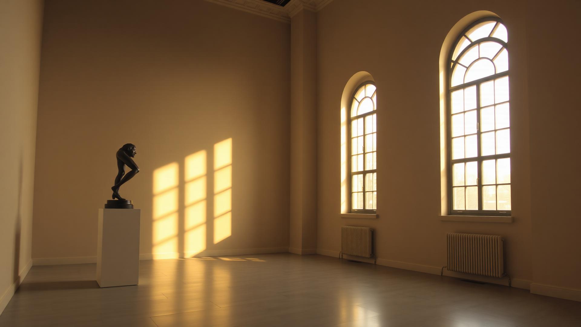 Hall with bronze sculpture and arched windows